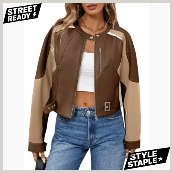 Faux Leather Cropped Bomber Jacket Zipper Moto Biker Coat Fall Casual - Picture 2 of 7